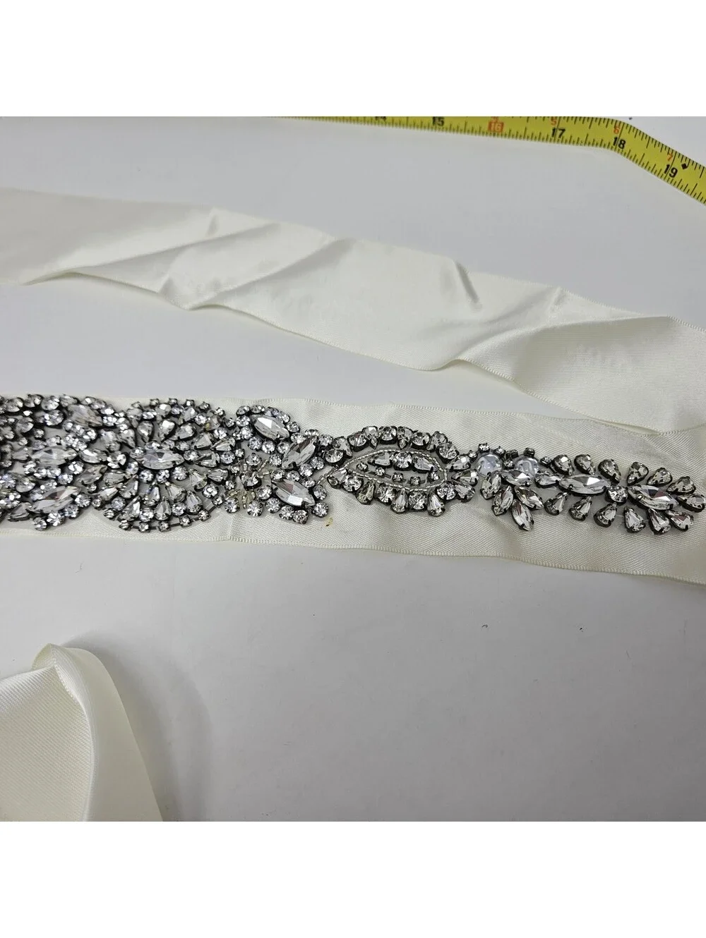 Woman’s Bridal Belt Silver Rhinestones Cream Satin Ribbon 102” L Vintage Wedding